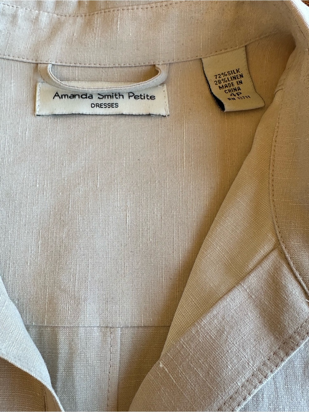 Amanda Smith Beige Midi Shirt Dress with Waist Tie. Silk, Linen. Safari style - Picture 3 of 5
